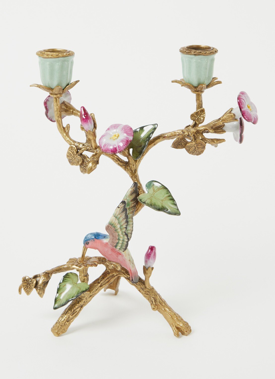 Candle holder hummingbird brass/porcelain