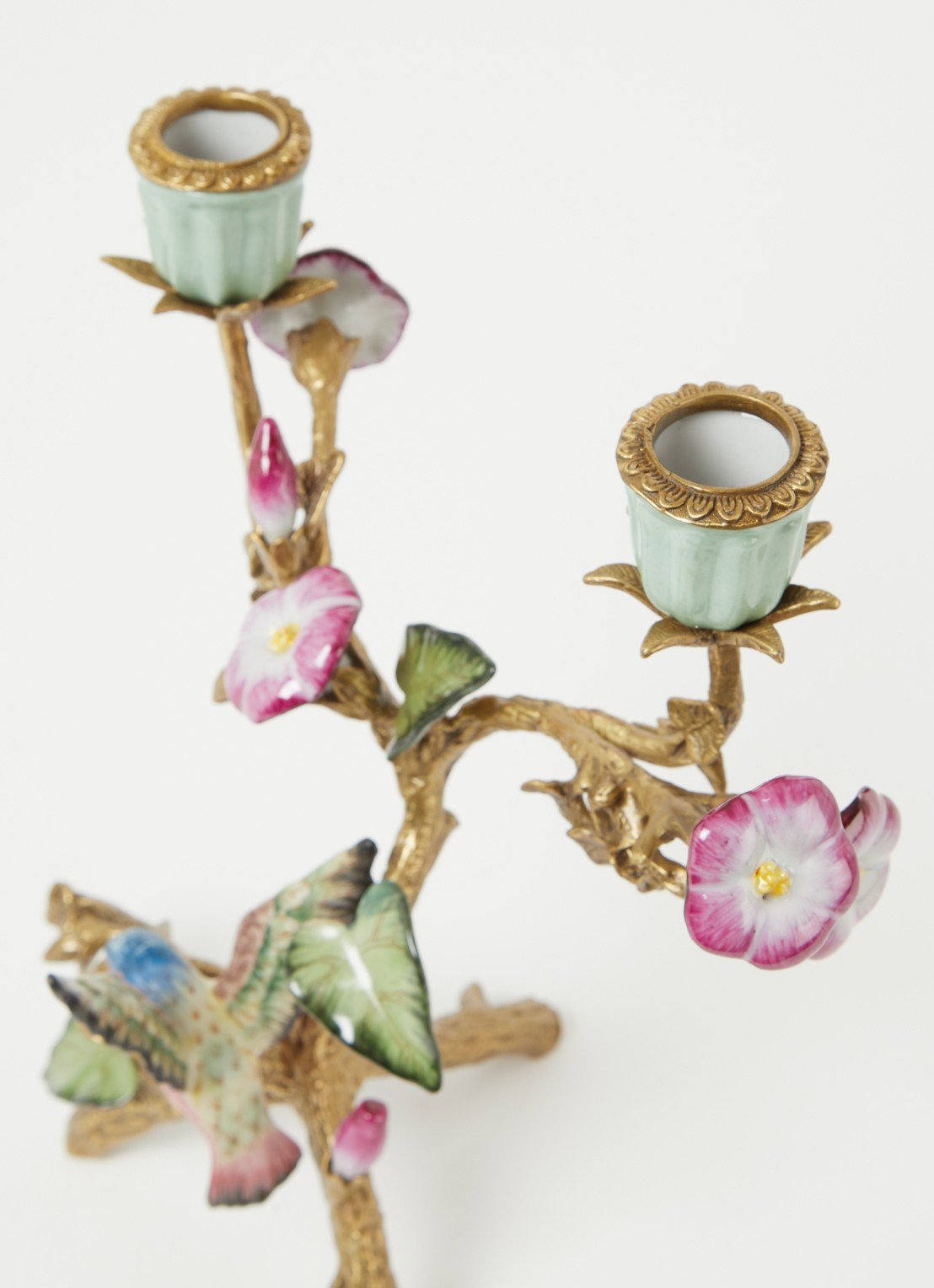 Candle holder hummingbird brass/porcelain