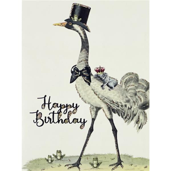 Glitterkort Happy Birthday Fugl m/flosshatt