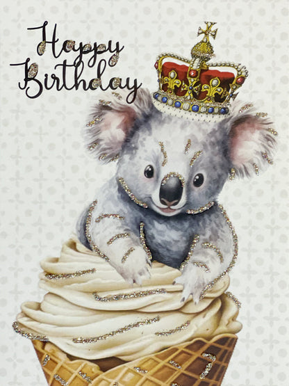 Glitterkort Happy Birthday bear w/crown