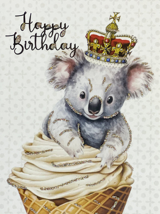 Glitterkort Happy Birthday bear w/crown
