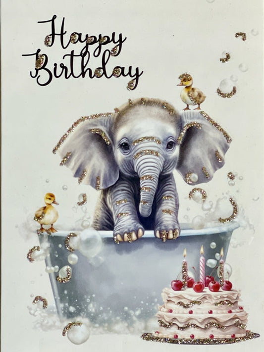 Glitterkort Happy Birthday elephant