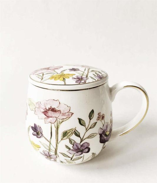 Krus m/lokk og sil rosa/gule blomster