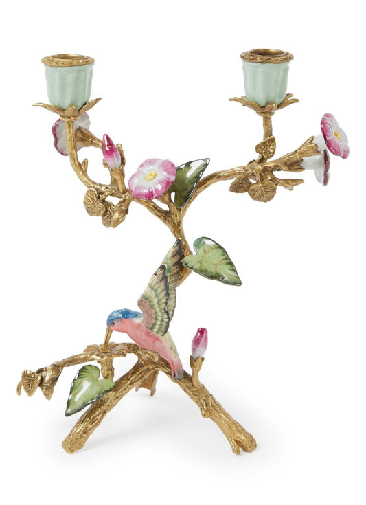 Candle holder hummingbird brass/porcelain