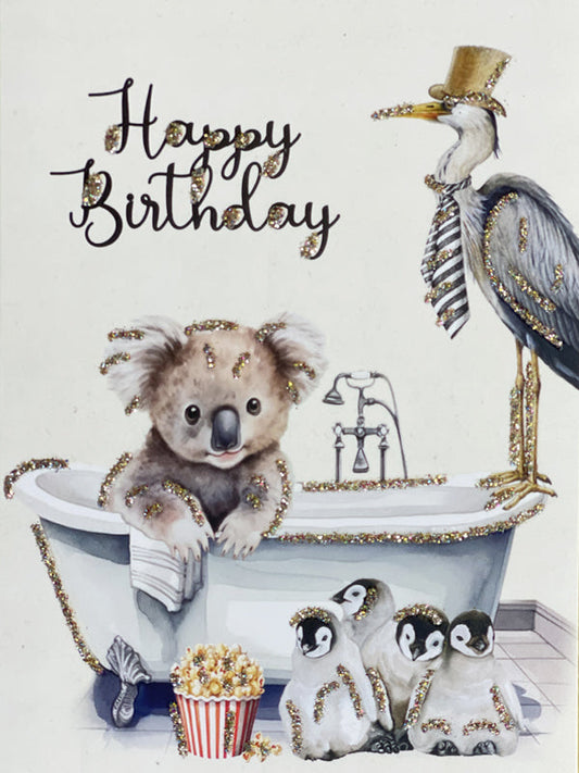 Glitterkort Happy Birthday bathtub