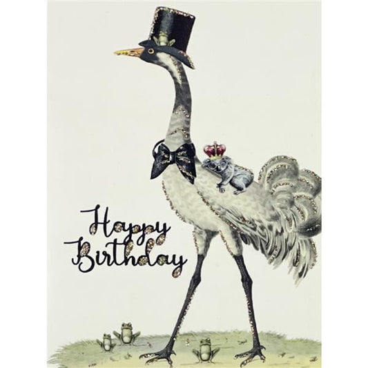 Glitterkort Happy Birthday Fugl m/flosshatt