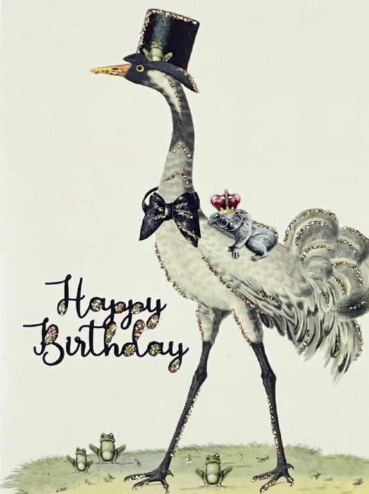 Glitterkort Happy Birthday Fugl m/flosshatt